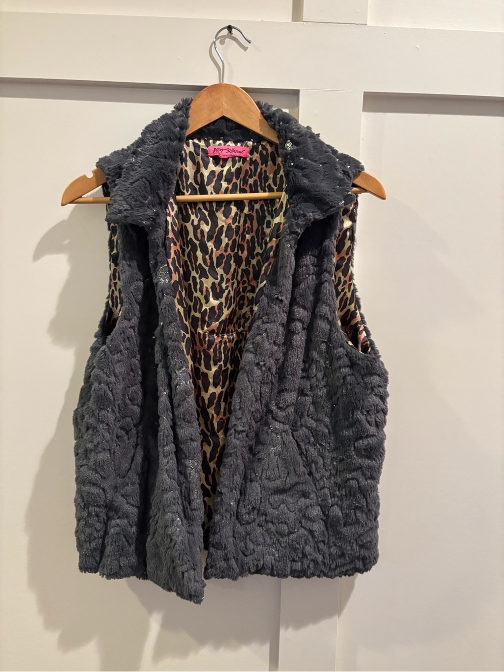 Betsey Johnson Charcoal Faux Fur Vest with Leopard Lining